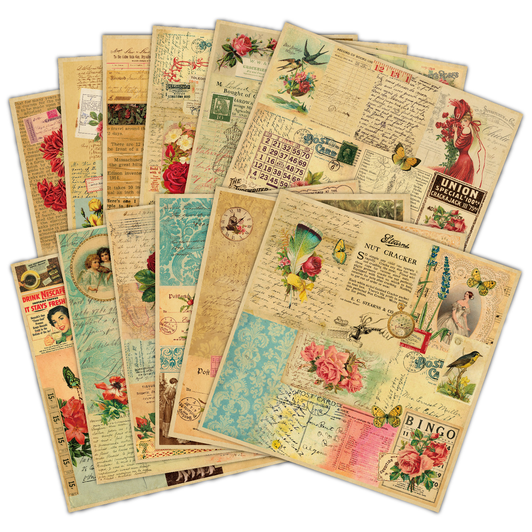 Vintage Collage Scrapbook Paper Pack, Antique Floral Retro Decorative Paper for Junk Journaling Card Making Paper Crafts - Vellum Pack - 12 sheets full figure
