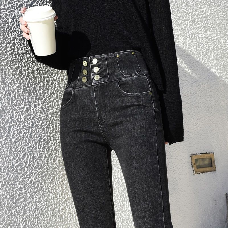 Retro blue high-waisted slimming jeans for women 2023 Spring and Autumn new style stretch tight fringed nine-inch small-leg pencil pants detail image 3