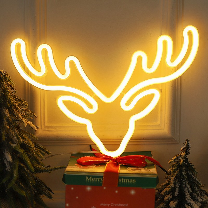 跨境新款LED圣诞节霓虹灯鹿头造型灯小鹿挂墙创意装饰灯厂家直供详情图2
