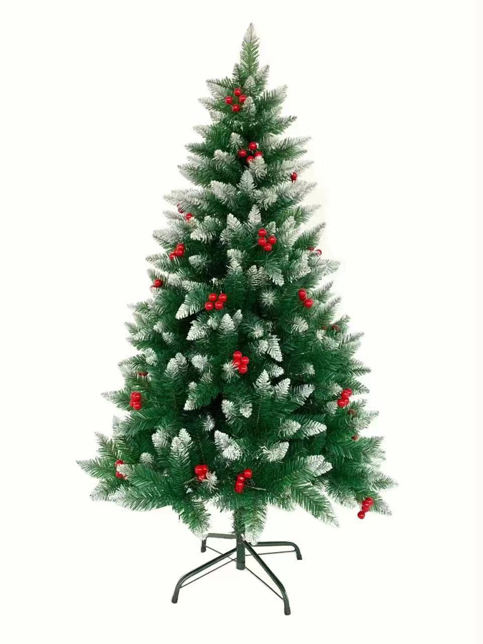 圣诞节尖头喷白PVC圣诞树带松果带红果圣诞树商场橱窗装饰树跨境批发