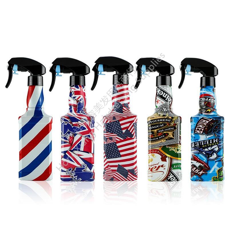 新款复古水壶细雾瓶手压式喷壶水转印个性图案造型喷雾瓶理发用品500ml