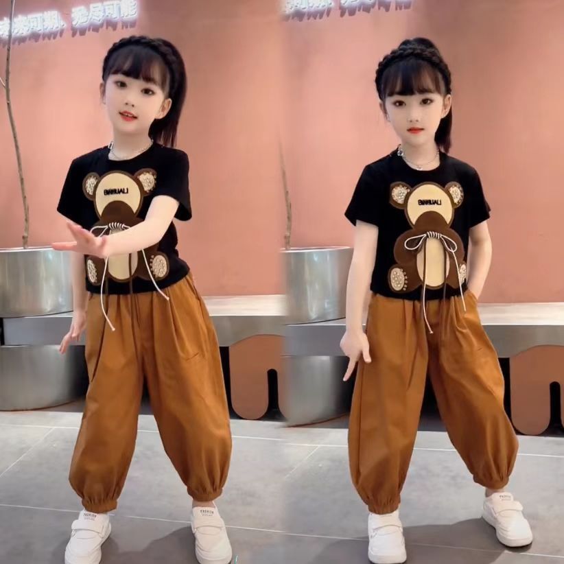 Children's clothing, summer wear for kids and girls, Little bear short-sleeved set, new summer trendy two-piece pants, Korean version