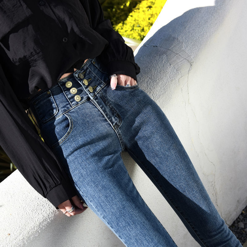 Retro blue high-waisted slimming jeans for women 2023 Spring and Autumn new style stretch tight fringed nine-inch small-leg pencil pants detail image 4