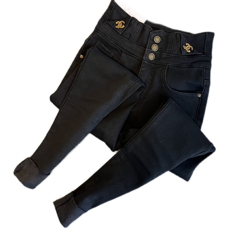 High-waisted black fleece thickened jeans for women, 2023 autumn/winter new style stretch tight small-leg buttoned pencil pants, trendy Specification image