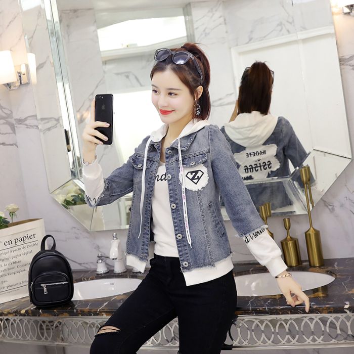 【批发】春秋学生韩版牛仔外套女装夹克衫拼接宽松连帽小清新短款牛仔上衣