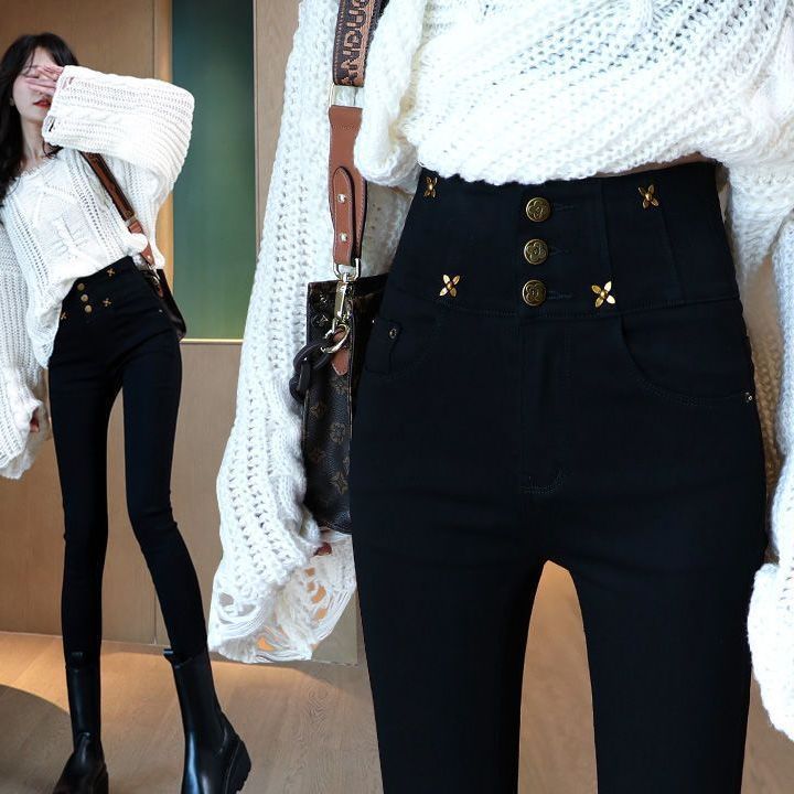 Explosive Spring And Autumn New High-Waist Breasted Belly Outside To Wear Leggings Women Slim Slim Black Pencil Magic Pants details Picture