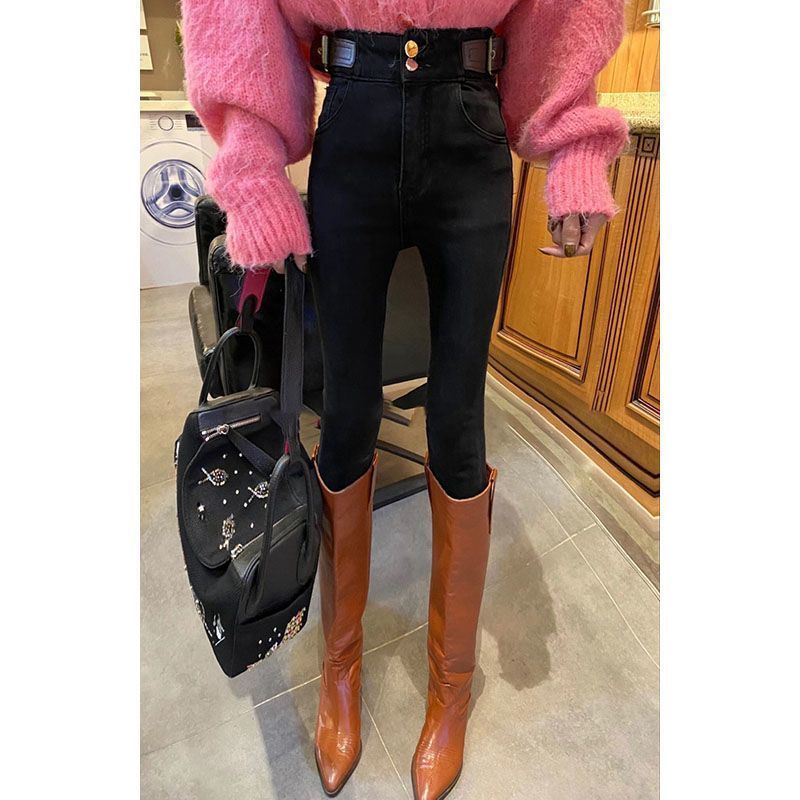 2023 Autumn/winter flexed jeans with a women's belt design, high-waisted, elastic and slimming, versatile 9-inch small-leg pencil pants detail image 9
