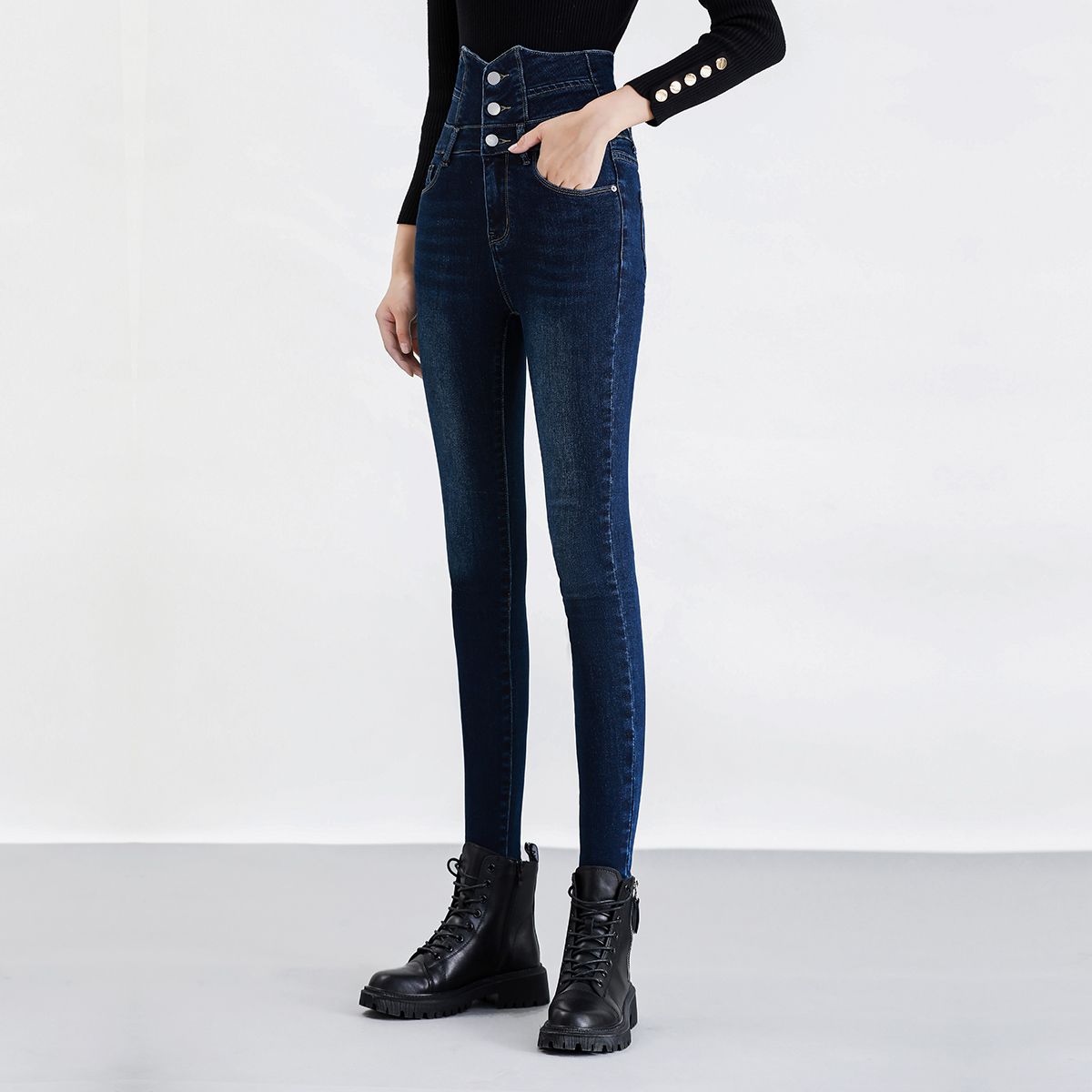 Waisted high-waisted jeans for women 2023 Spring and Autumn new style, slimming, large-sized dark blue stretch long pants for petite feet
