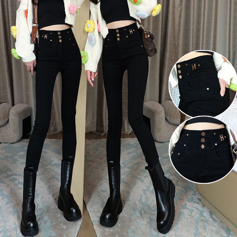 Explosive Spring And Autumn New High-Waist Breasted Belly Outside To Wear Leggings Women Slim Slim Black Pencil Magic Pants