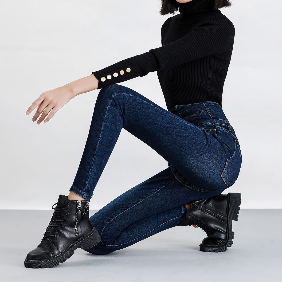 Waisted high-waisted jeans for women 2023 Spring and Autumn new style, slimming, large-sized dark blue stretch long pants for petite feet Specification image