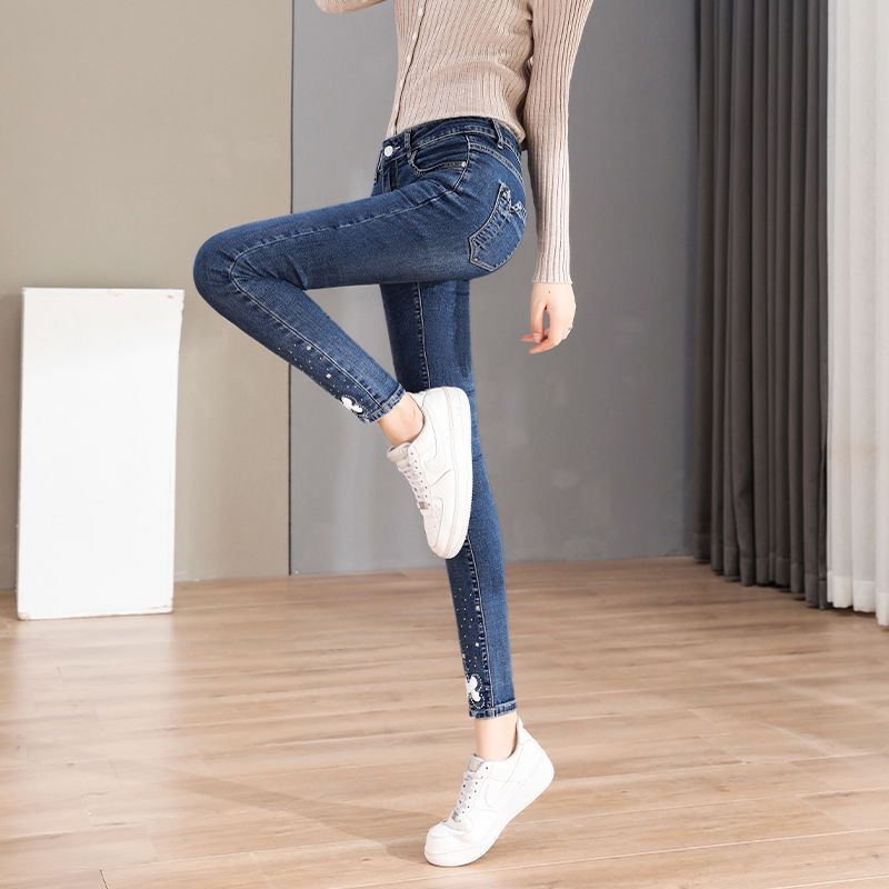 Stretch Jeans Women's New Korean Version Of Embroidery Slim Slim Feet Nine-Point Pants Women Short Pencil Pants Long Pants Application Scenario