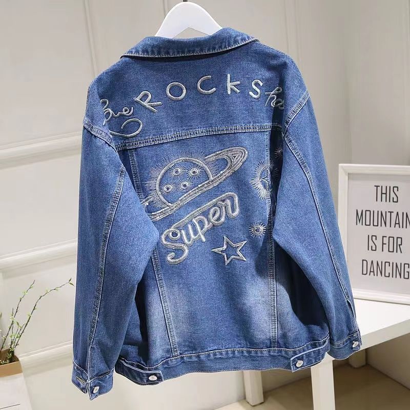 The new Korean version of the denim jacket with embroidered letters, loose and chubby girls, large size, versatile, casual and short style, trendy Specification image