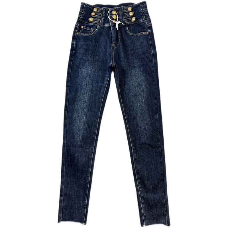 Winter fleece and thickened jeans with a volleyball button design, high-waisted, slimming and versatile pencil skinny pants, trendy