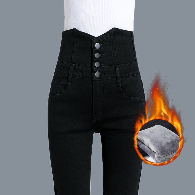 High-waisted fleece jeans for women, 2023 autumn/winter new style. Plus-size, slimming and elastic tight skinny pants for chubby girls details Picture