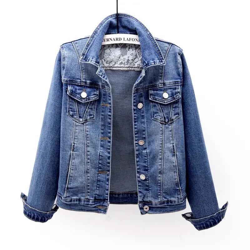 Elastic denim jacket for women, short style 2023 Spring new lace patchwork versatile jacket, slimming student top trend Item Picture