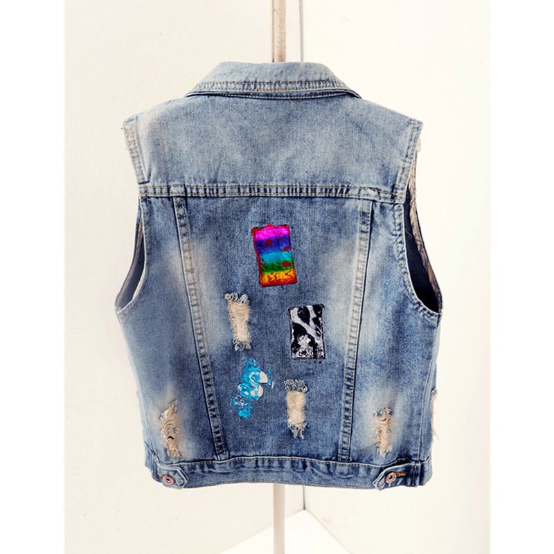 2023 Spring and Autumn New European fashion and individuality, perforated patchwork denim vest, women's summer short vest, waistcoat, waistcoat Specification image