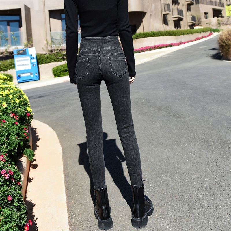 Waisted high-waisted jeans for women 2023 Spring and Autumn new style, slimming, large-sized dark blue stretch long pants for petite feet detail image 5