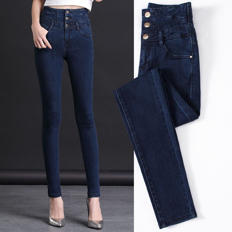 Three-breasted high-waisted jeans for women to flatten the abdomen and lift the buttocks, making them look slimmer and taller. High-waisted extended pencil tight-fitting small-leg pants detail image 6