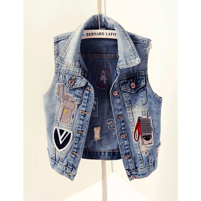 2023 Spring and Autumn New European fashion and individuality, perforated patchwork denim vest, women's summer short vest, waistcoat, waistcoat