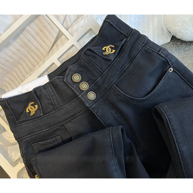 High-waisted black fleece thickened jeans for women, 2023 autumn/winter new style stretch tight small-leg buttoned pencil pants, trendy Item Picture