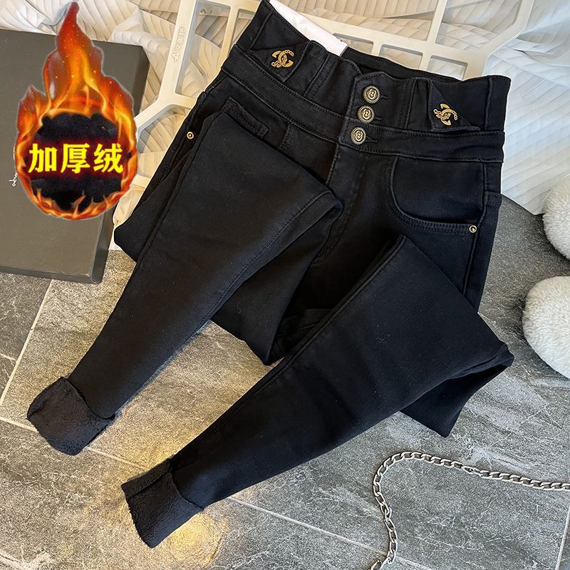 High-waisted black fleece thickened jeans for women, 2023 autumn/winter new style stretch tight small-leg buttoned pencil pants, trendy detail image 7