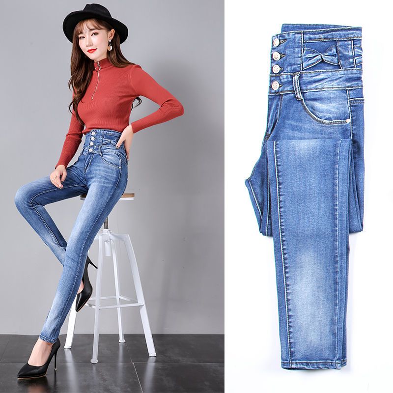 High-waisted, tight-bellied women's jeans 2023 Spring and Autumn Korean version, waisted stretch jeans, petite slim-fit skinny pants detail image 3