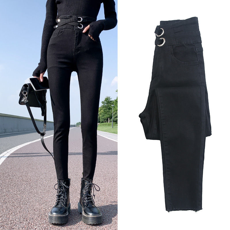 High-waisted jeans for women's Spring and Autumn 2023 new style stretch tight 9-inch petite feet versatile and slimming black long pants detail image 3