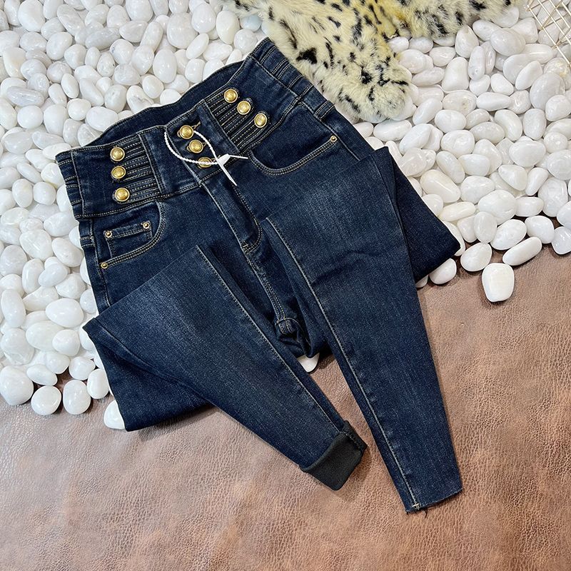 Winter fleece and thickened jeans with a volleyball button design, high-waisted, slimming and versatile pencil skinny pants, trendy Item Picture
