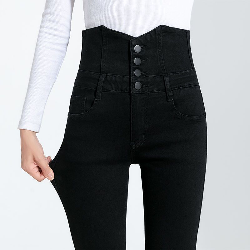 High-waisted fleece jeans for women, 2023 autumn/winter new style. Plus-size, slimming and elastic tight skinny pants for chubby girls detail image 8