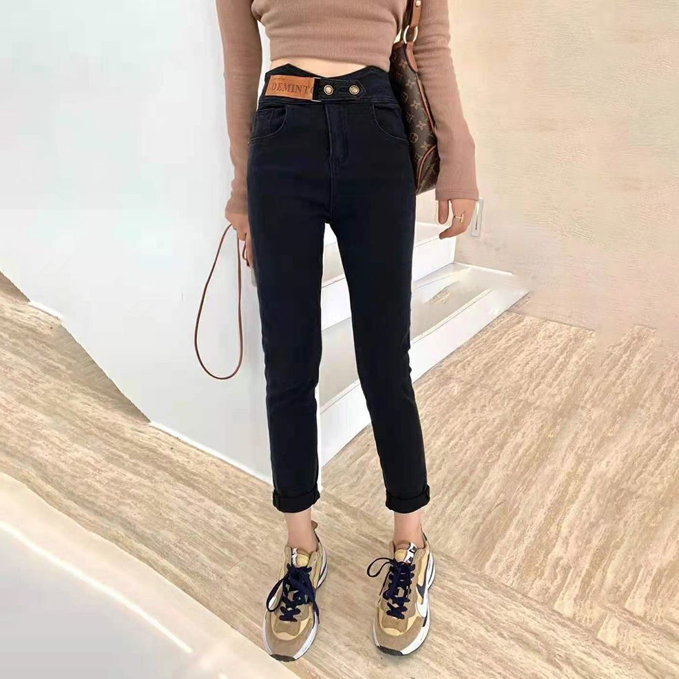 New autumn and winter style fleece tight-fitting skinny jeans for women, high-waisted, elastic and slimming, versatile 9-inch pencil pants detail image 2