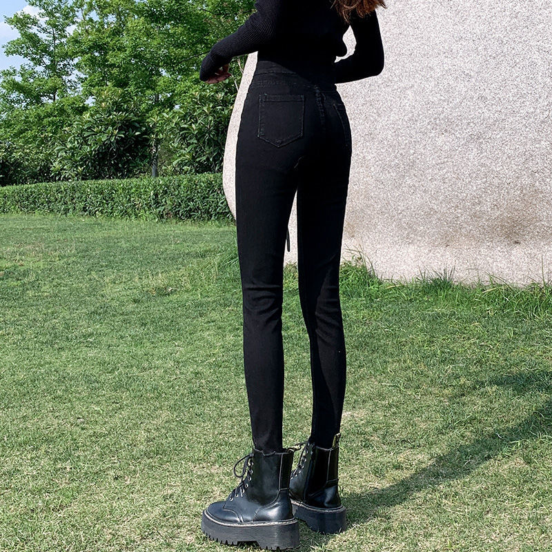 High-waisted jeans for women's Spring and Autumn 2023 new style stretch tight 9-inch petite feet versatile and slimming black long pants detail image 4