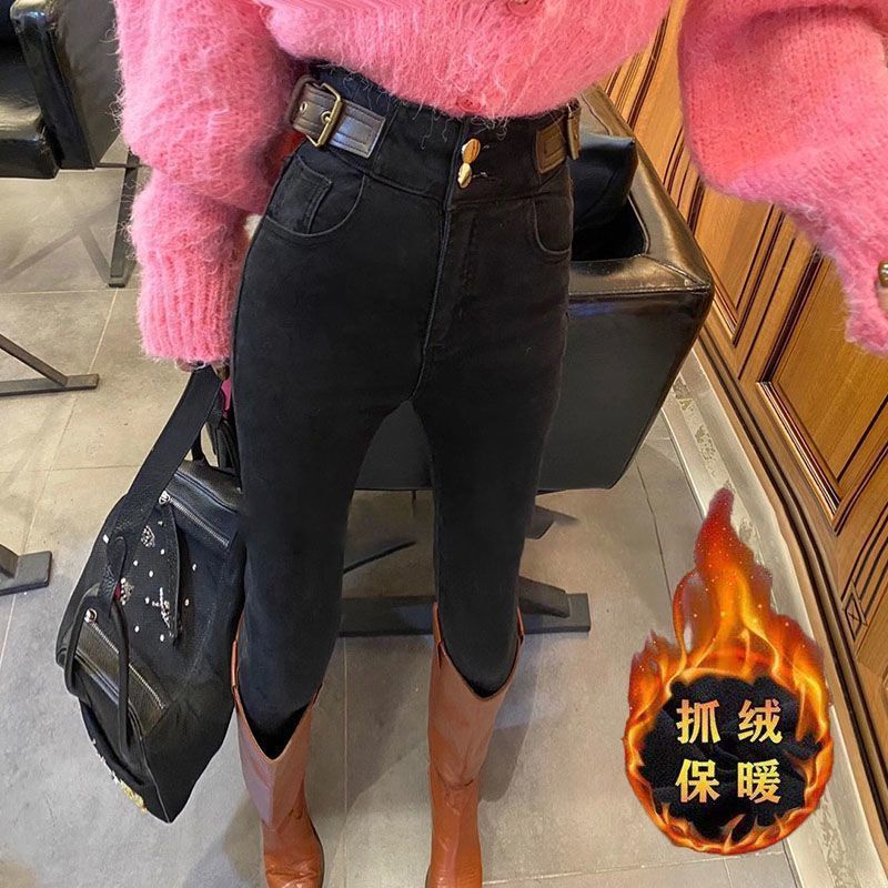 2023 Autumn/winter flexed jeans with a women's belt design, high-waisted, elastic and slimming, versatile 9-inch small-leg pencil pants details Picture