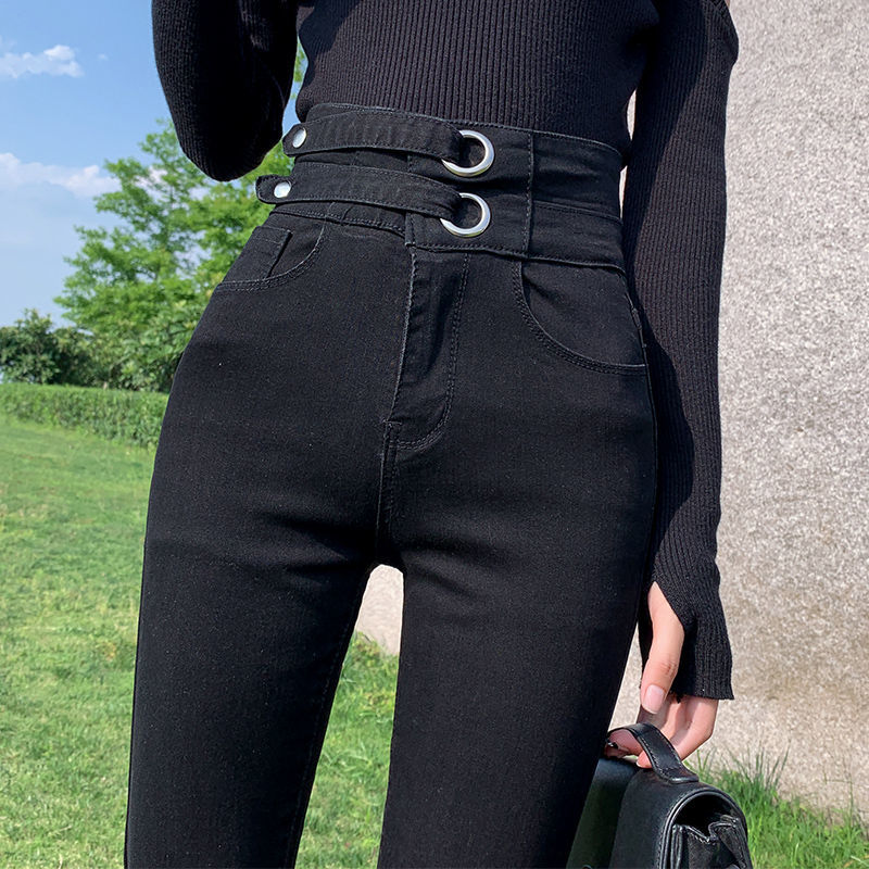 High-waisted jeans for women's Spring and Autumn 2023 new style stretch tight 9-inch petite feet versatile and slimming black long pants detail image 5