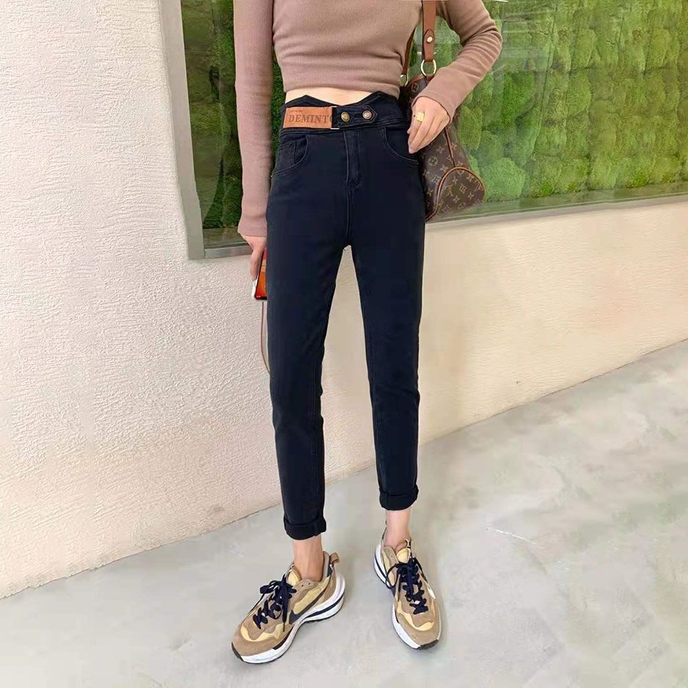 New autumn and winter style fleece tight-fitting skinny jeans for women, high-waisted, elastic and slimming, versatile 9-inch pencil pants detail image 6