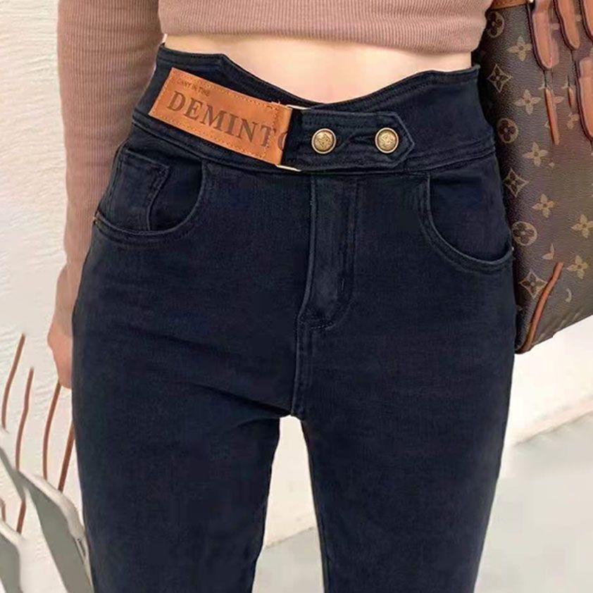 New autumn and winter style fleece tight-fitting skinny jeans for women, high-waisted, elastic and slimming, versatile 9-inch pencil pants