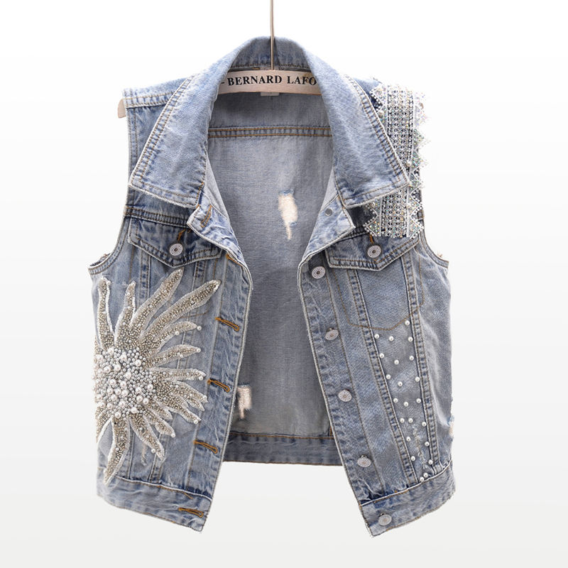 The 2023 spring new Korean-style lace beaded denim vest women's short sleeveless vest jacket is trendy Application Scenario