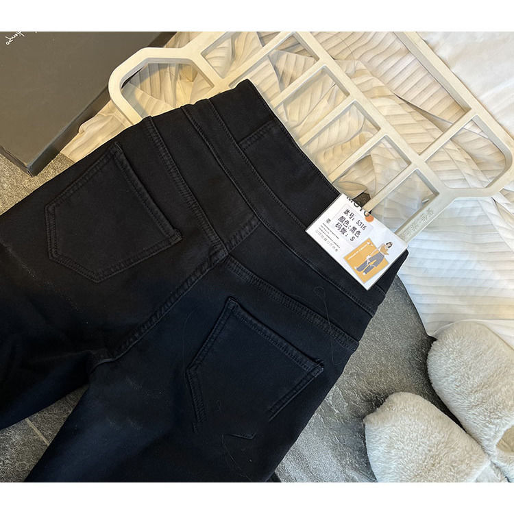 High-waisted black fleece thickened jeans for women, 2023 autumn/winter new style stretch tight small-leg buttoned pencil pants, trendy detail image 9