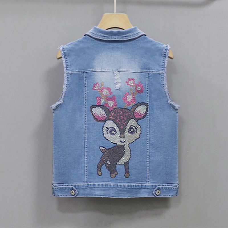 A women's 2023 Spring and autumn new Korean-style fashionable, slimming and form-fitting sleeveless short coat with hot diamond denim vest detail image 2