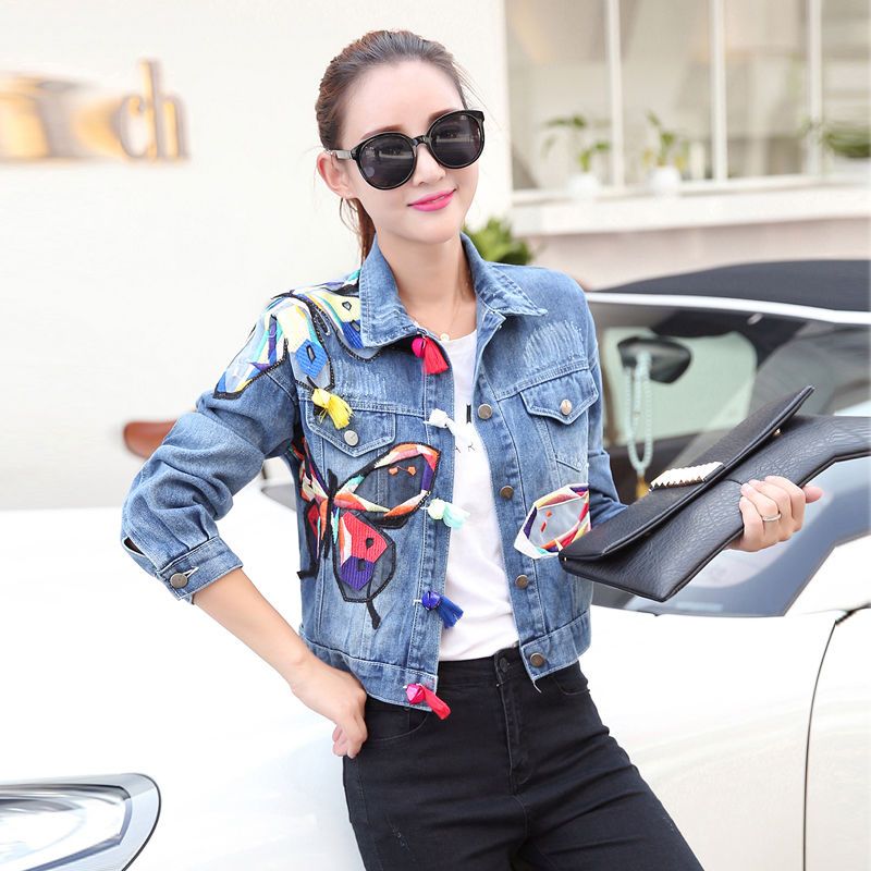 The new Korean-style embroidered denim short jacket for women with colorful butterfly patterns and long-sleeved denim tops from Spring and Autumn are trendy Specification image