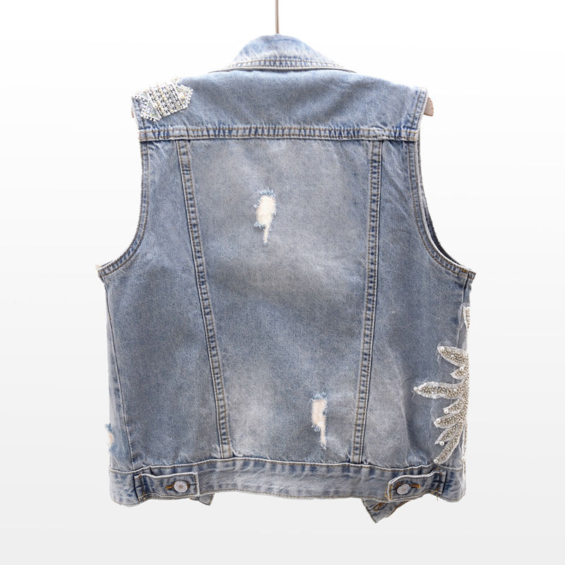 The 2023 spring new Korean-style lace beaded denim vest women's short sleeveless vest jacket is trendy detail image 4