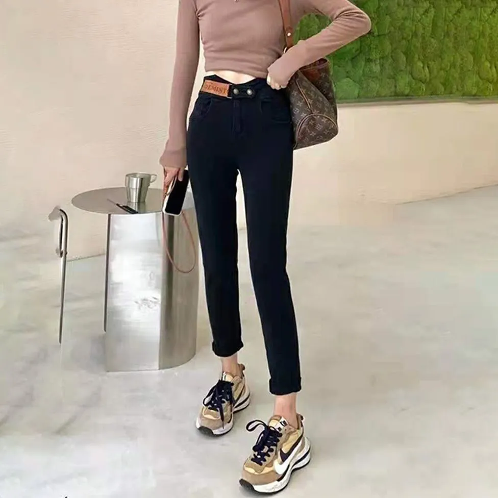 New autumn and winter style fleece tight-fitting skinny jeans for women, high-waisted, elastic and slimming, versatile 9-inch pencil pants detail image 7