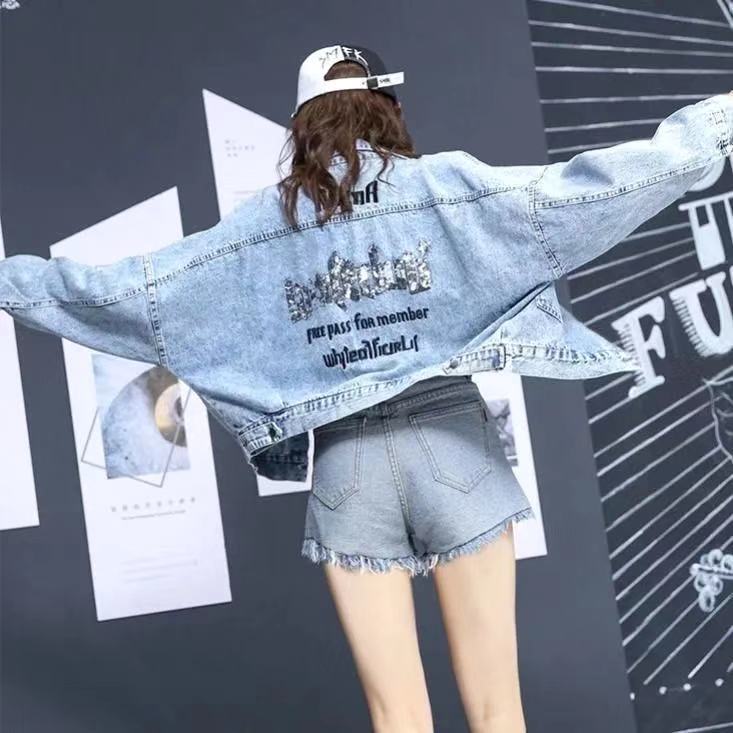Hong Kong-style denim jacket for women, loose and short 2023 Spring collection, new Korean style BF versatile bat-sleeve denim jacket for students detail image 5