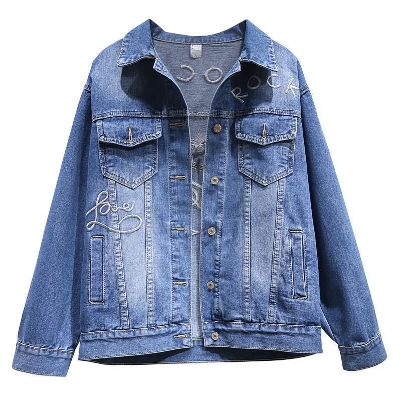 The new Korean version of the denim jacket with embroidered letters, loose and chubby girls, large size, versatile, casual and short style, trendy detail image 3