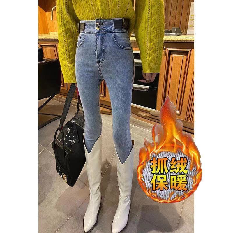 2023 Autumn/winter flexed jeans with a women's belt design, high-waisted, elastic and slimming, versatile 9-inch small-leg pencil pants detail image 6