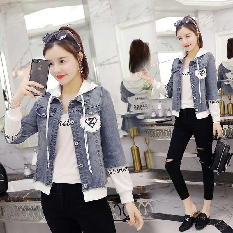 Spring and Autumn student Korean-style denim jacket, women's jacket, loose hooded, fresh and short denim top detail image 5