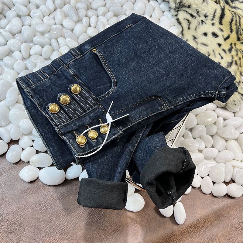 Winter fleece and thickened jeans with a volleyball button design, high-waisted, slimming and versatile pencil skinny pants, trendy Specification image