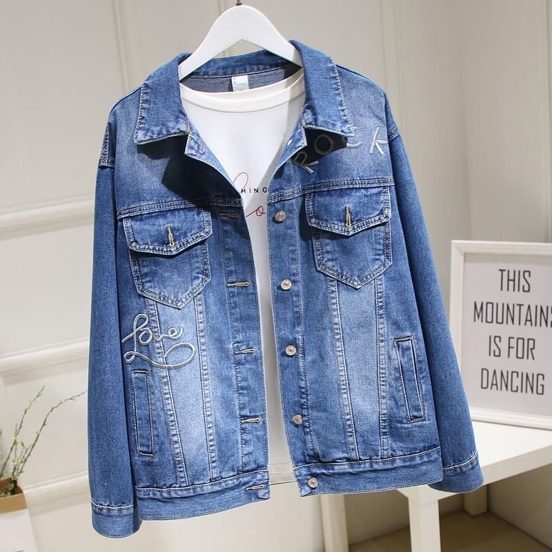 The new Korean version of the denim jacket with embroidered letters, loose and chubby girls, large size, versatile, casual and short style, trendy Application Scenario