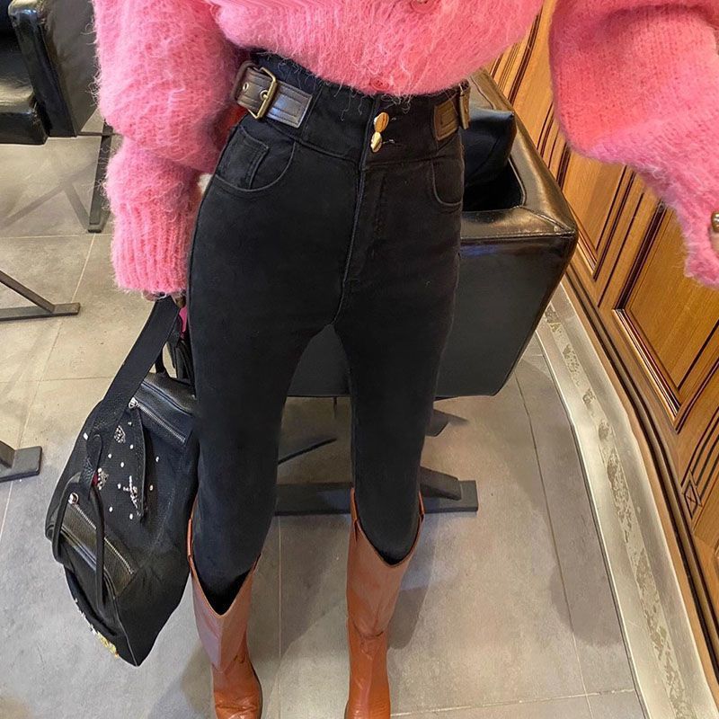 2023 Autumn/winter flexed jeans with a women's belt design, high-waisted, elastic and slimming, versatile 9-inch small-leg pencil pants detail image 3