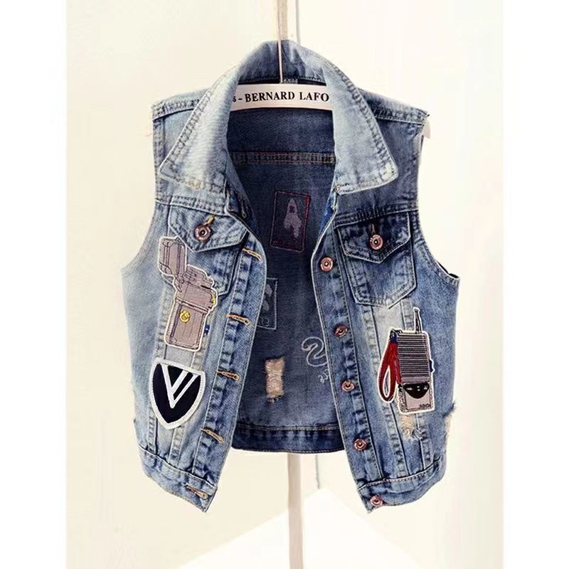 2023 Spring and Autumn New European fashion and individuality, perforated patchwork denim vest, women's summer short vest, waistcoat, waistcoat detail image 2