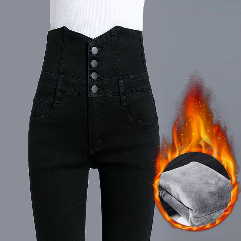 High-waisted fleece jeans for women, 2023 autumn/winter new style. Plus-size, slimming and elastic tight skinny pants for chubby girls detail image 5